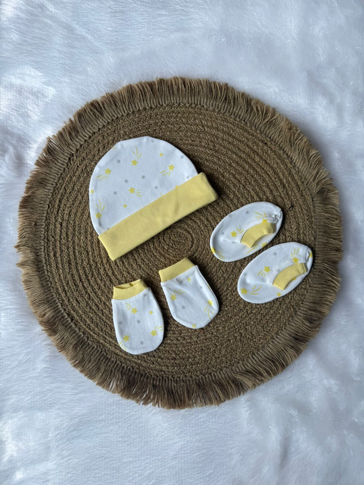 Knitted Cotton Cap, Mitten and Booties - Yellow Star