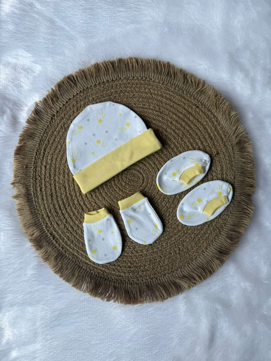 Knitted Cotton Cap, Mitten and Booties - Yellow Star