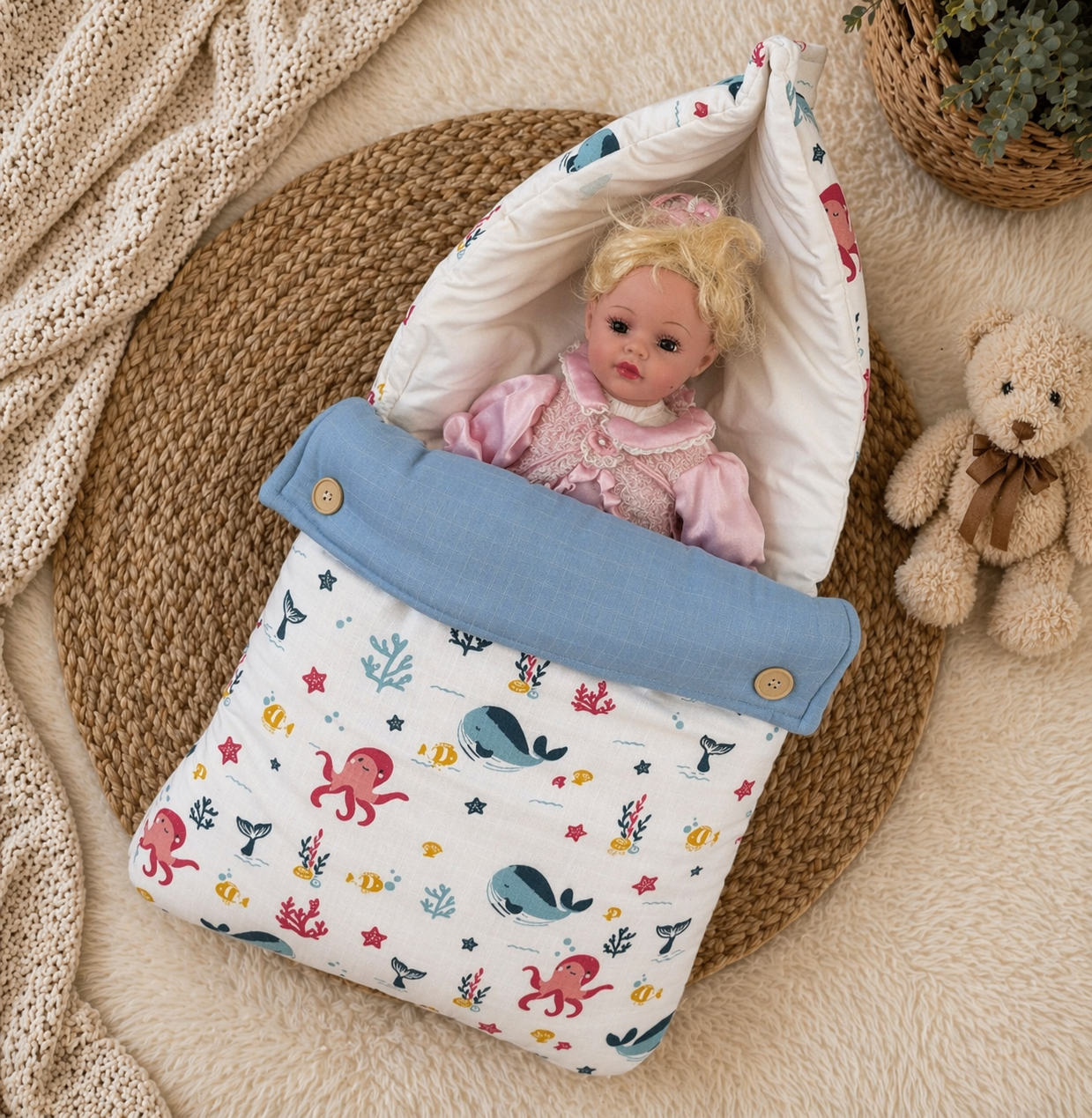 Muslin Baby Carry Bed -  Aqua Animals